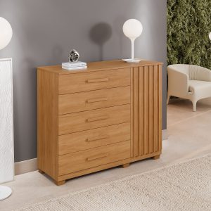Cômoda com 5 gavetas e uma porta ripada